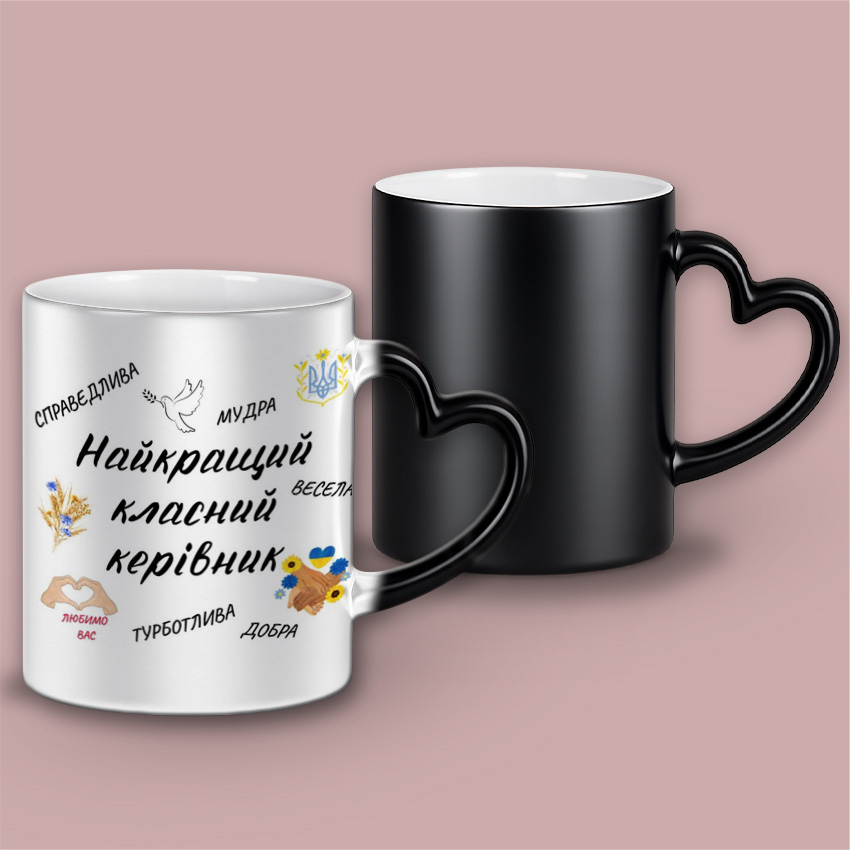 Чашка хамелеон «Найкращий класний керівник» — Білий матовий з ручкою серце